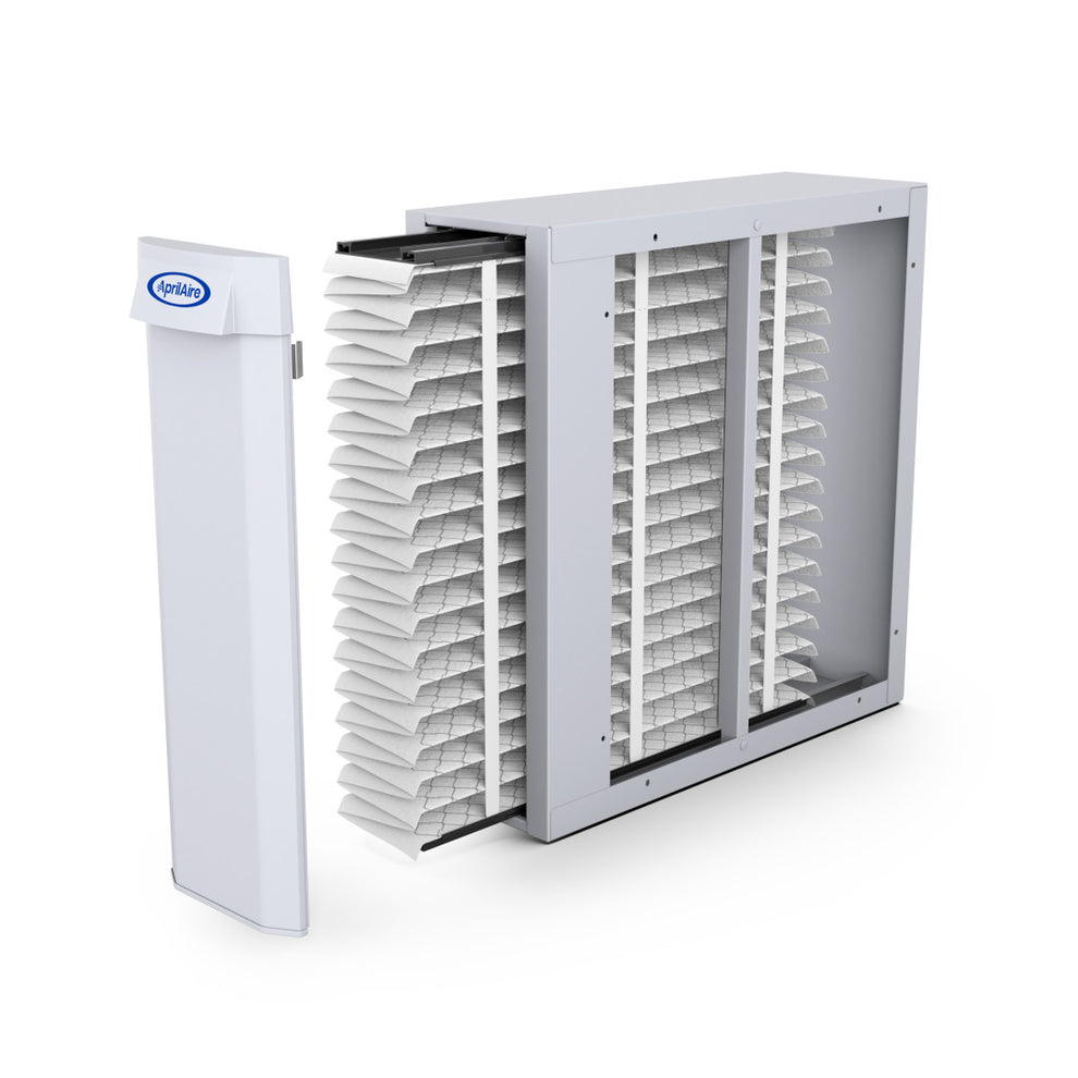 AprilAire Model 2310 whole-house air purifier cabinet with genuine MERV 13 media filter—representative of AprilAire whole-home filtration products