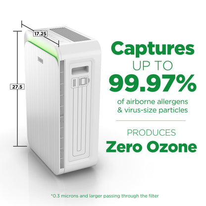 AprilAire Ap09550V Portable Air Purifier With Size Measurements And Capture Rate Web Ready Photo