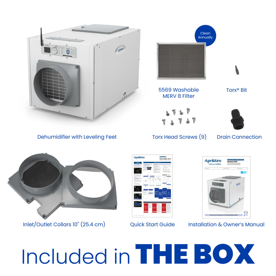 AprilAire E130W Dehumidifier Box Contents Web Ready Photo