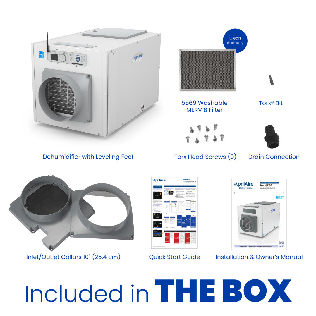 AprilAire E130W Dehumidifier Box Contents Web Ready Photo