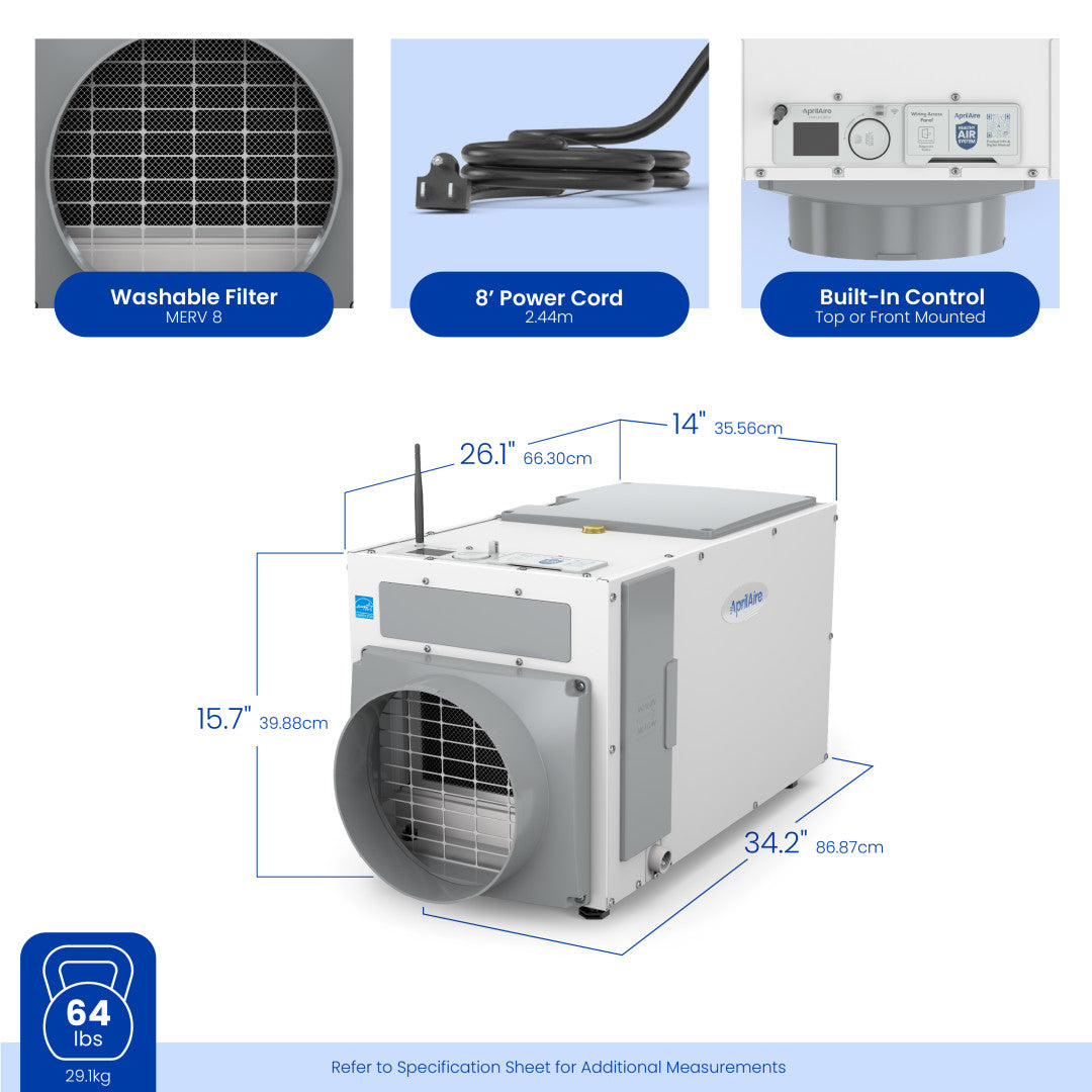 AprilAire E100W Dehumidifier Size Measurements Web Ready Photo