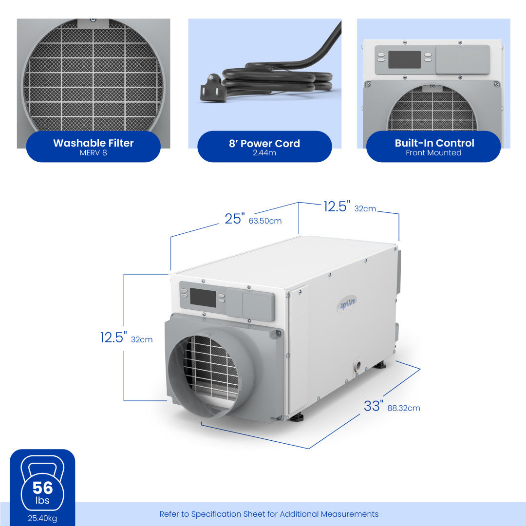 AprilAire E070 Dehumdifier With Size Measurements Web Ready Photo