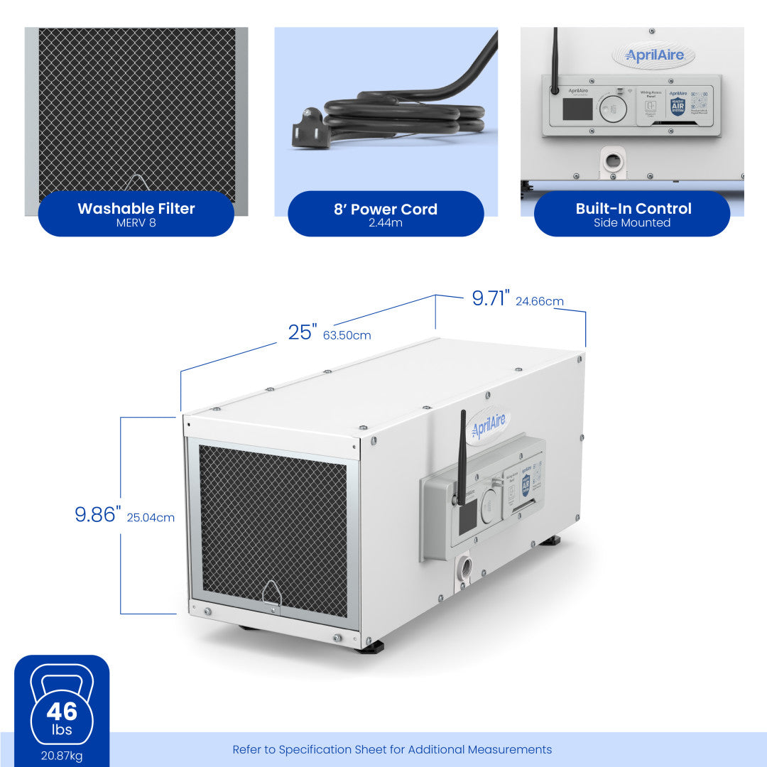 AprilAire E050W Dehumidifier With Size Measurements Web Ready Photo