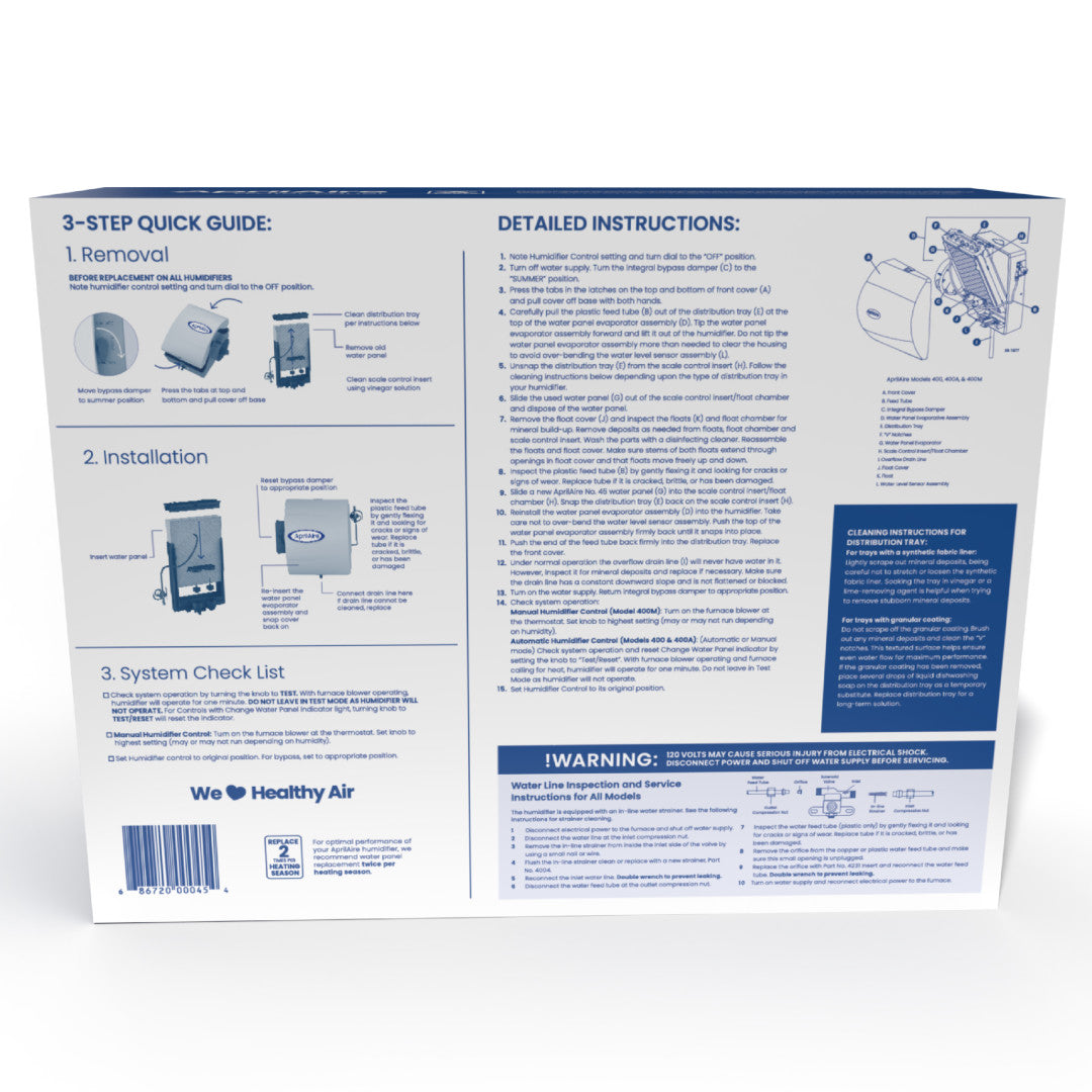 AprilAire 45 Water Panel Installation Instructions On Box Back Facing Photo