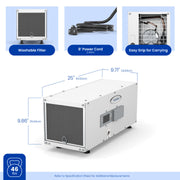 AprilAire E050 Dehumidifier With Size Measurements Web Ready Photo